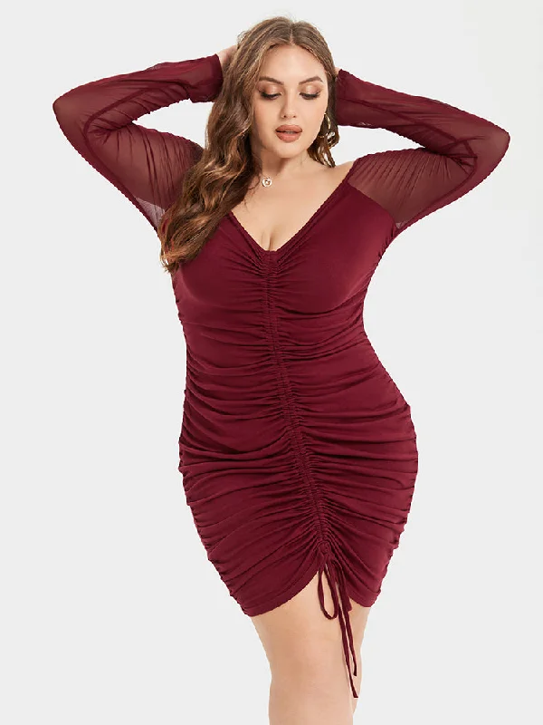 Contrast Mesh Drawstring Ruched Party Dress Tunics Designer luxury