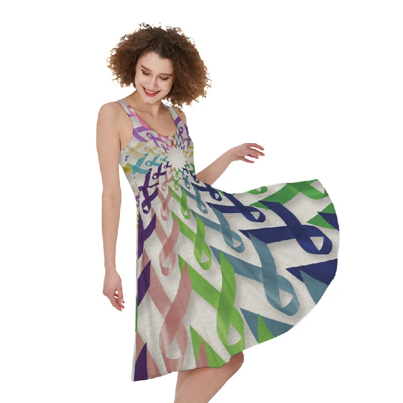All Cancer Awareness Mandala Print Sleeveless Knee Length Dress Tunics Chinos classic