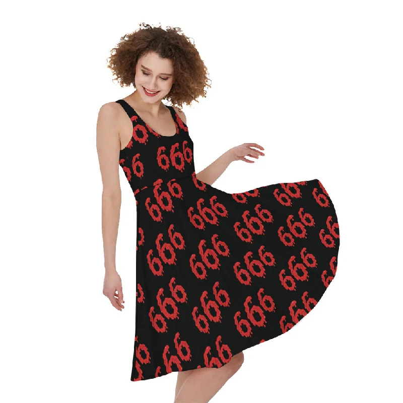 666 Satan Pattern Print Sleeveless Knee Length Dress Tunics Chic fashionable