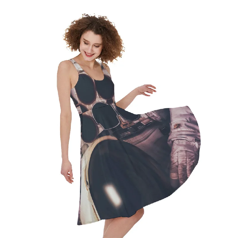American Astronaut Cat Print Sleeveless Knee Length Dress Boatneck Modish Everyday
