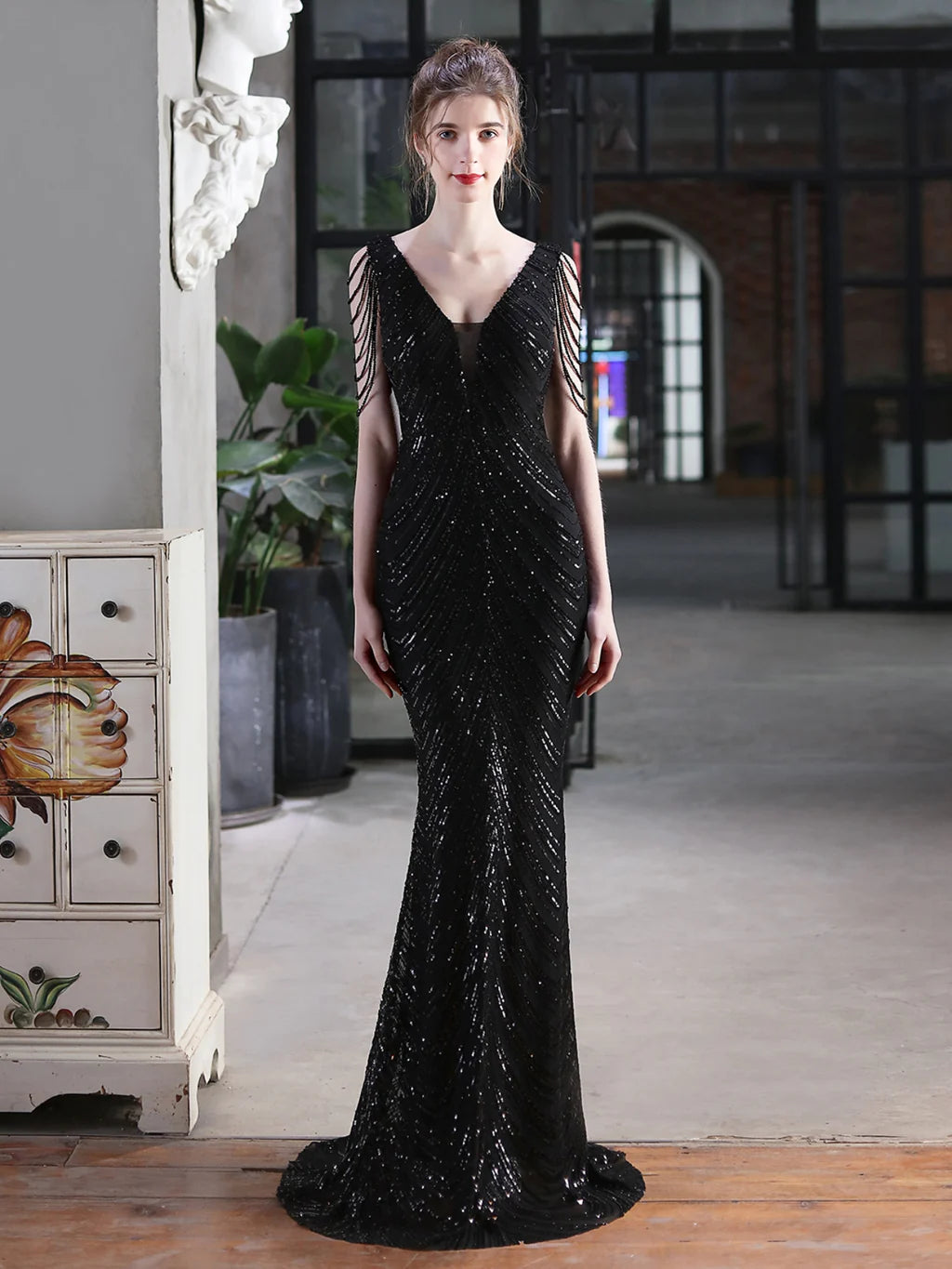 MERMAID V-NECK SEQUINS BEADING PARTY DRESS Pleated Skirt Elegant