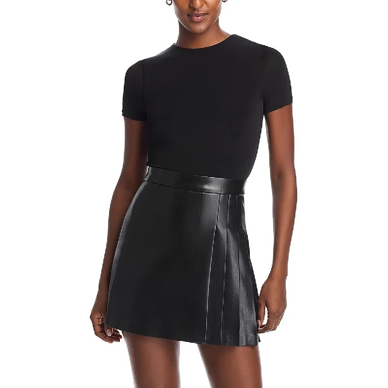 Chara Womens Mixed Media Faux Leather Fit & Flare Dress A-Line Day Work