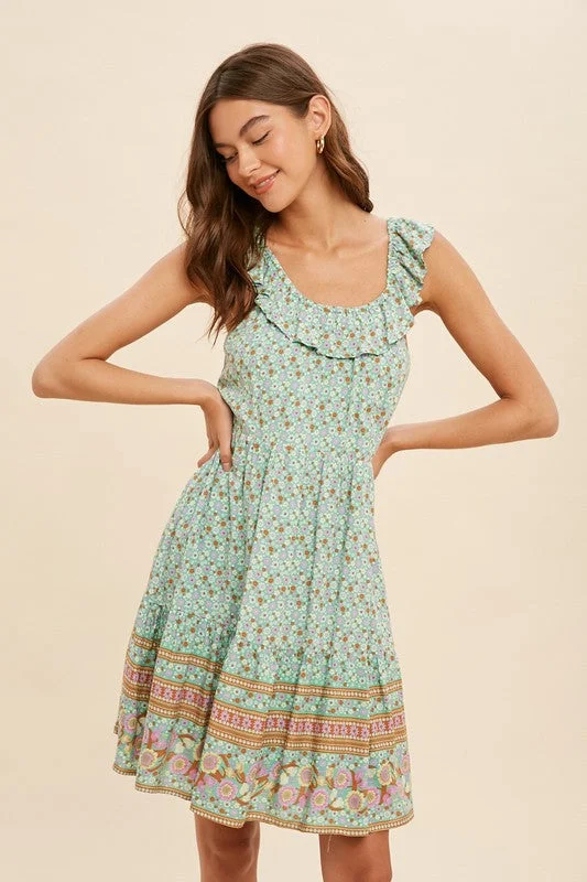 Border Print Open Tie Back Mini Dress - Pistachio Fashionable Mini Dress with Frills