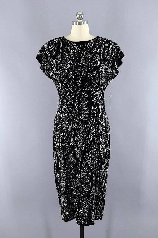 Vintage Glittered Black Velvet Party Dress Tunics Cozy soft
