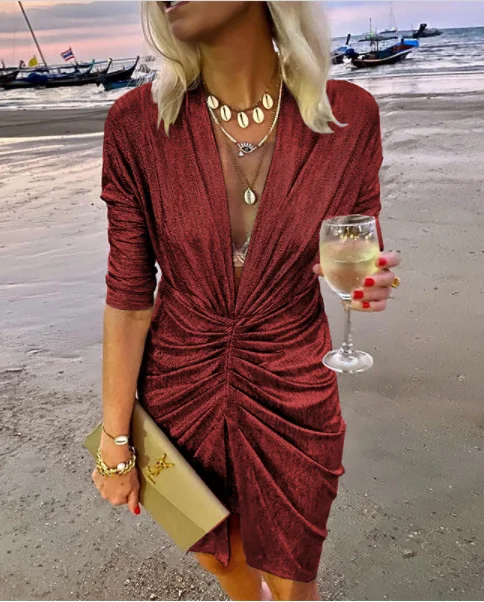 Full Sleeve Deep V Neck Solid Glitter Sexy Party Dresses Tunics Sophisticated sleek
