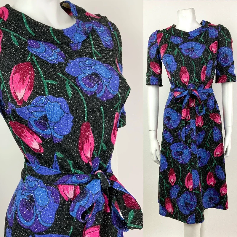 VTG 60s 70s BLACK PINK RED BLUE SILVER FLORAL TULIP ROSE LUREX PARTY DRESS 8 10 Cowl Neckline Elegant VTG 60s 70s BLACK PINK RED BLUE SILVER FLORAL TULIP ROSE LUREX PARTY DRESS 8 10 Cowl Neckline Elegant