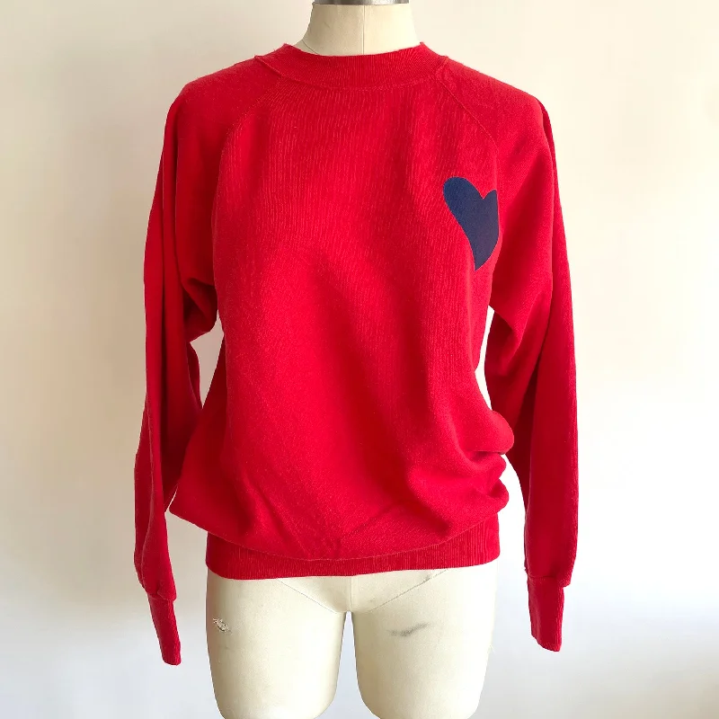 Vintage Happy Heart Red Sweatshirt Hoodie with Set-In Sleeves Structured Classic
