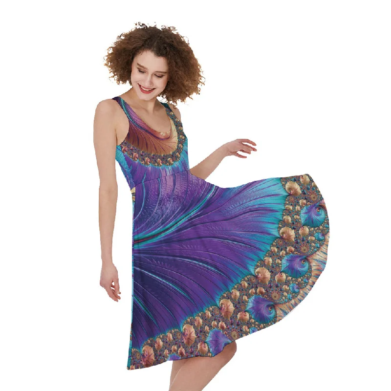 Abstract Fractal Print Sleeveless Knee Length Dress Turtleneck Warm Winter