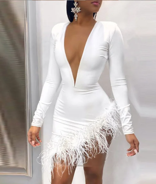Sexy Plunge Fluffy Irregular Party Dress Bodycon Fitted Nightout