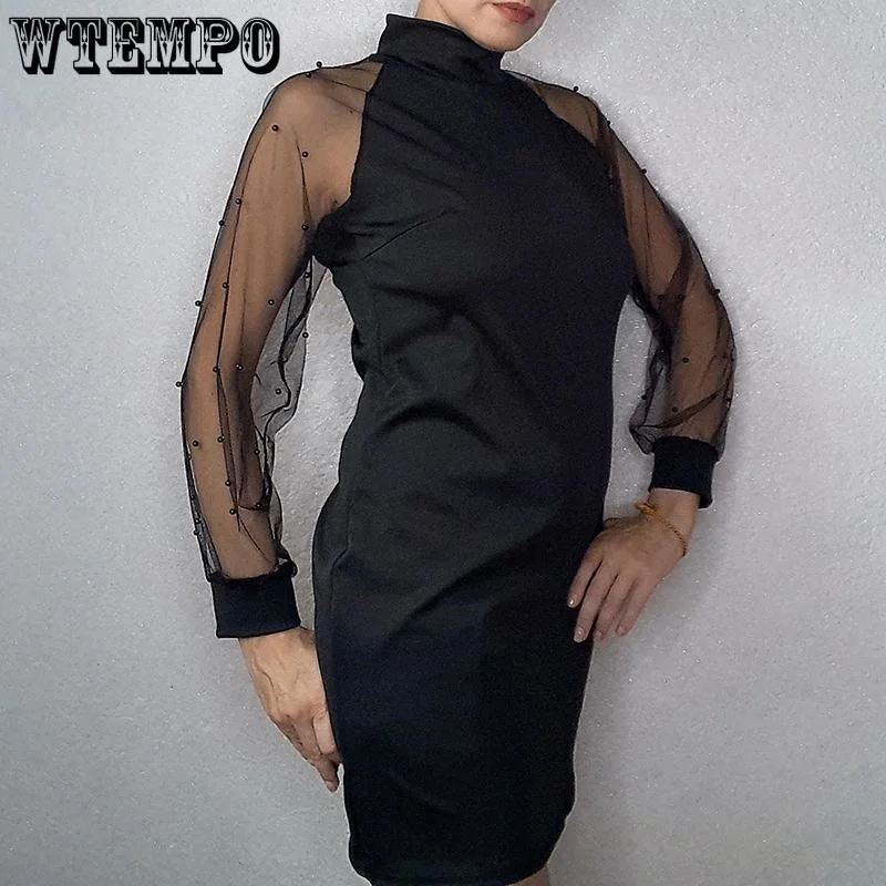 Elegant Womens Dress Pearl Beading Mesh Tunic Dress Long Sleeve A-Line Mini Party Dress Tunics Ceremony elegant Elegant Womens Dress Pearl Beading Mesh Tunic Dress Long Sleeve A-Line Mini Party Dress Tunics Ceremony elegant
