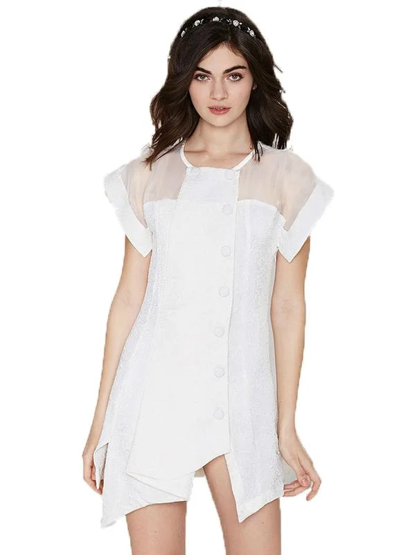 WHITE O-NECK FEMALE CHIFFON CASUAL PARTY DRESSES Crew Neckline Sporty