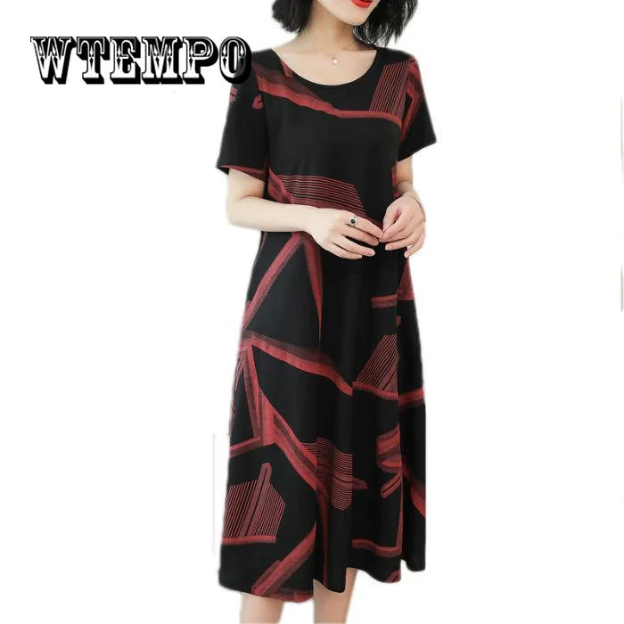Dress Women Casual Patchwork 1/2 Sleeved Cotton Linen Oversize Loose Dress  Clothing Party Dress Tunics Leisure comfortable