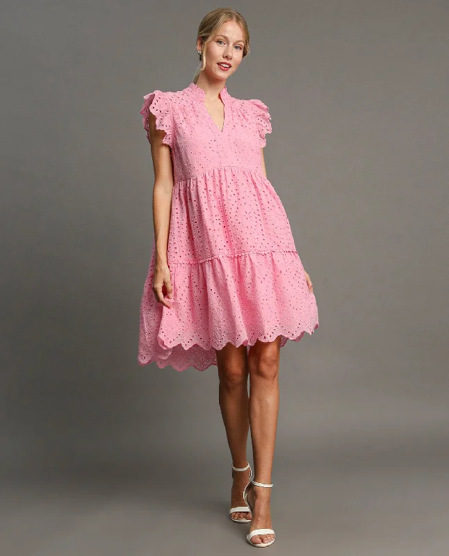 Pink V-Neck Eyelet Mini Dress Stylish Summer Mini Dress