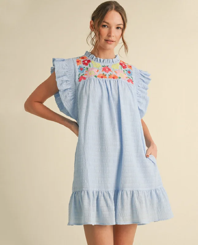 Poplin Floral Embroidered Mini Dress Elegant Floral-Print Mini Dress