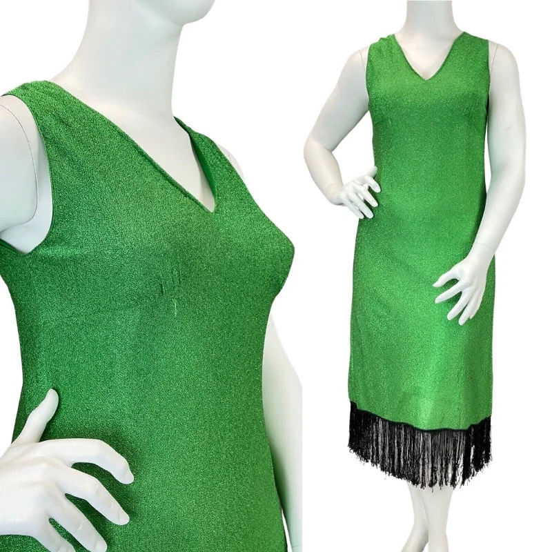 VINTAGE 60s 70s GREEN METALLIC LUREX FRINGED STUDIO 54 DISCO PARTY DRESS 14 16 Mermaid Tail Wedding VINTAGE 60s 70s GREEN METALLIC LUREX FRINGED STUDIO 54 DISCO PARTY DRESS 14 16 Mermaid Tail Wedding