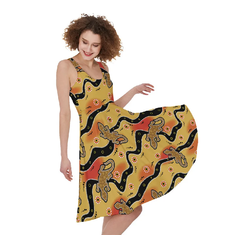 Aboriginal Lizard Pattern Print Sleeveless Knee Length Dress Tunics Solid Classic