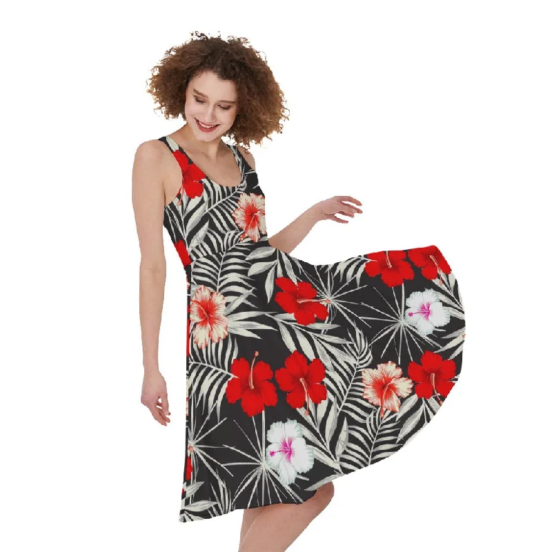 White Tropical Hibiscus Pattern Print Sleeveless Knee Length Dress Tunics Wedding white White Tropical Hibiscus Pattern Print Sleeveless Knee Length Dress Tunics Wedding white