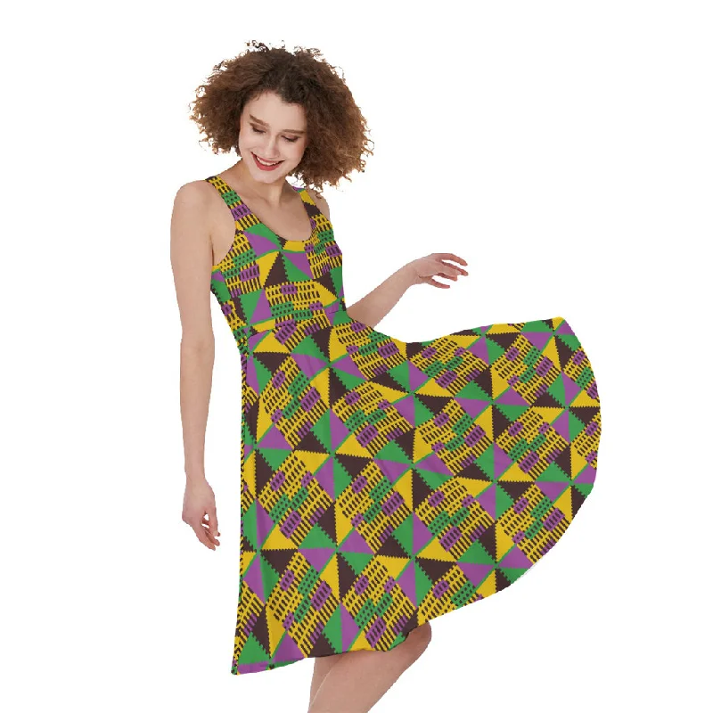 African Kente Pattern Print Sleeveless Knee Length Dress Tunics Stylish elegant