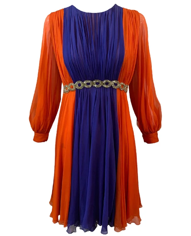 Sarmi 1960's Orange and Violet Chiffon Party Dress with Beaded Waist Tunics Sale discount Sarmi 1960's Orange and Violet Chiffon Party Dress with Beaded Waist Tunics Sale discount