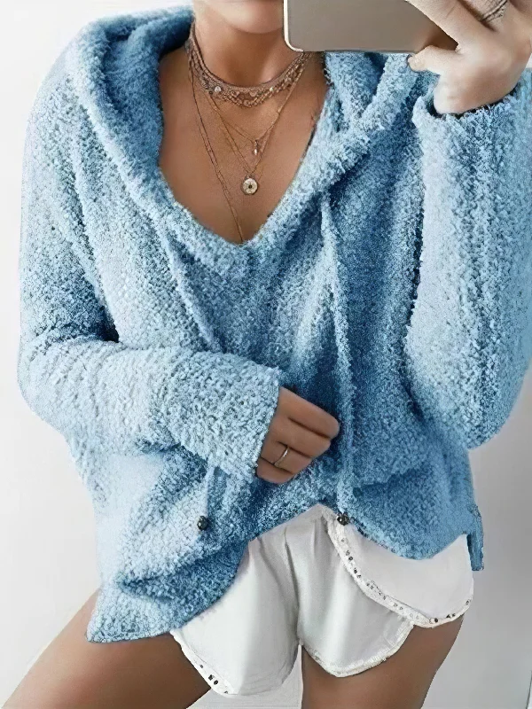 Fuzzy Hooded V-Neck Sweater Velvet Chenille Corduroy