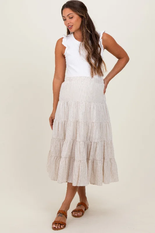 Ivory Striped Tiered Maternity Maxi Skirt silk skirt lustrous
