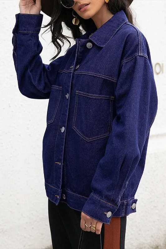 LONG SLEEVE LOOSE FIT DENIM JACKET Notch Collar Jacket Peter Pan Collar Jacket Cowl Neck Jacket