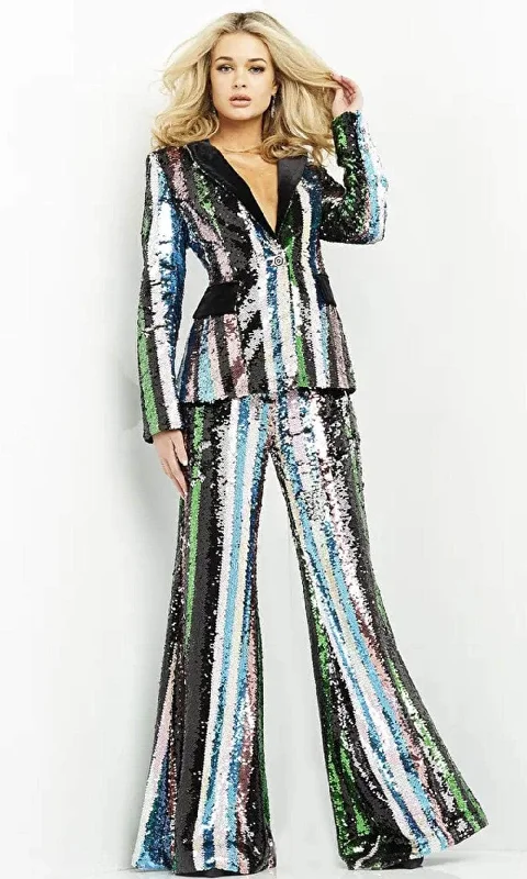 Jovani M02942 - Long Sleeve Blazer Sequin Pantsuit Elegant High-Waist Pants