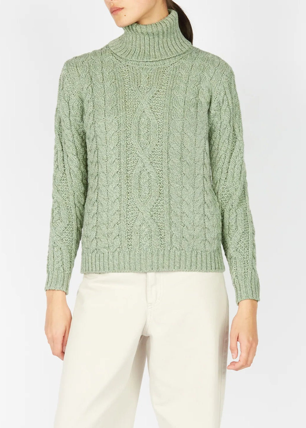IrelandsEye Polo Neck Aran Sweater | Sage Marl Solid Color Striped Floral Print