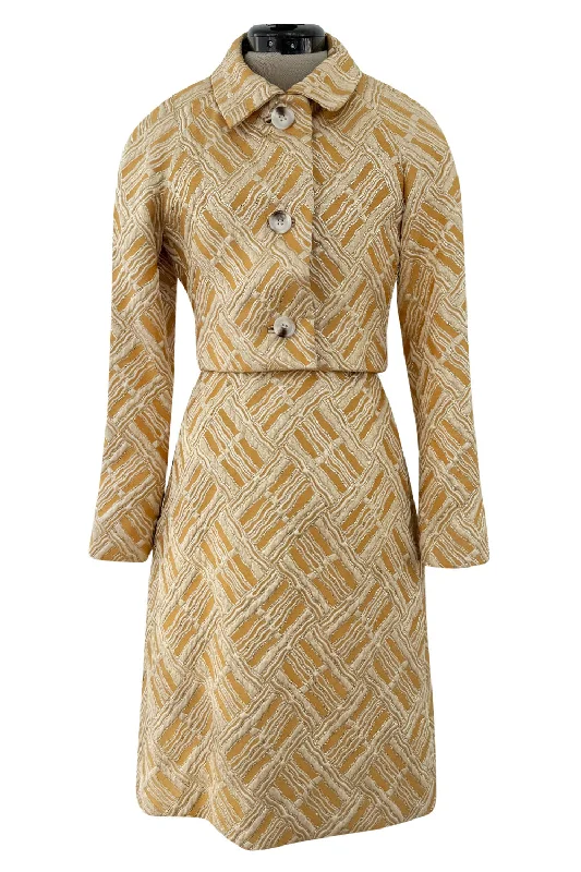 Chic 1960s Malcolm Starr by Elinor Simmons Gold Metallic Brocade Dress & Jacket Set Fleece Fabric Down Fabric Feather Fabric Chic 1960s Malcolm Starr by Elinor Simmons Gold Metallic Brocade Dress & Jacket Set Fleece Fabric Down Fabric Feather Fabric