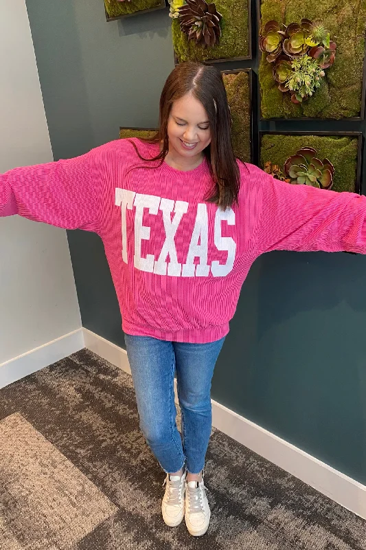 Texas Corduroy Graphic Fuchsia Sweater Toggled Drawstring Belted