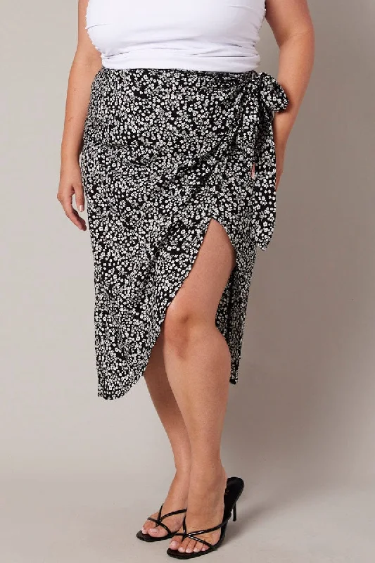 Black Ditsy Frill Wrap Midi Skirt velvet skirt luxurious