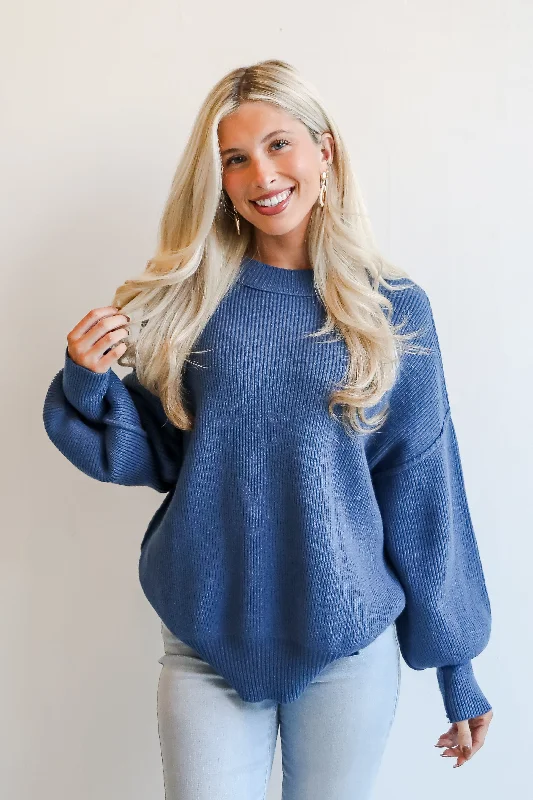 FINAL SALE - Curated Look Blue Oversized Sweater Boat Neck Shawl Collar Notched Collar