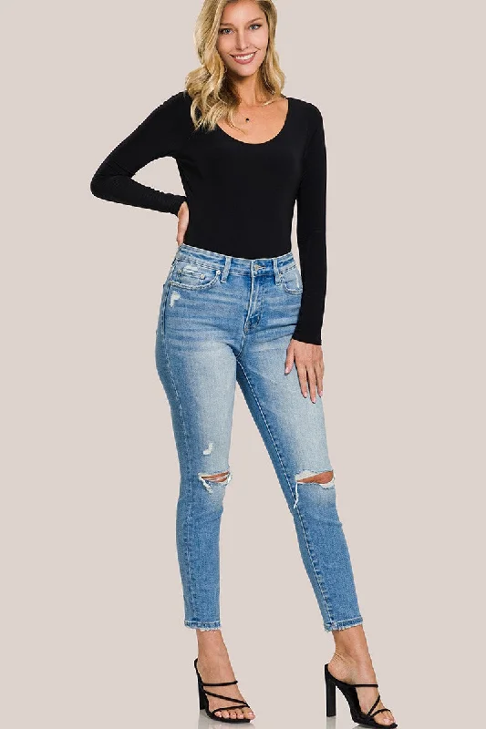 High Rise Distressed Cropped Skinny Denim Pants Soft Cotton Pants