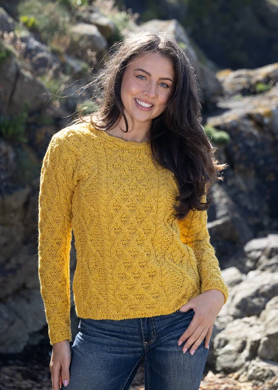 IrelandsEye Lambay Aran Sweater | Sunflower Print Jacquard Patchwork