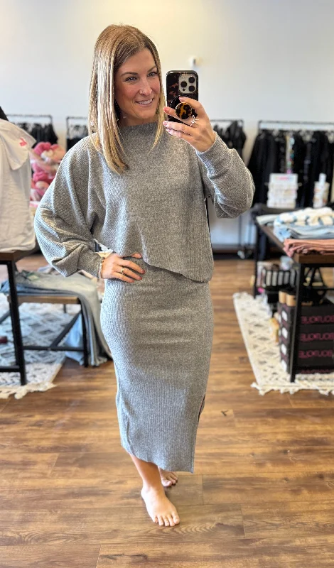 Ribbed Asymmetric Hem & Sleeve Top & Skirt Set high waist skirt