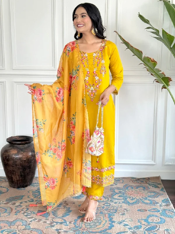 Yellow Attractive Looking Readymade Pant Suit With Embroidery Printed Work Relaxed High-Waist Trousers Yellow Attractive Looking Readymade Pant Suit With Embroidery Printed Work Relaxed High-Waist Trousers
