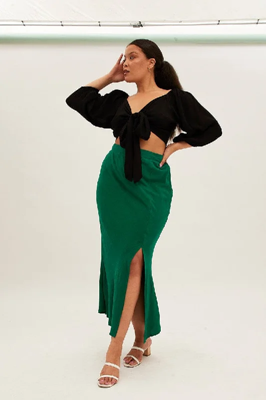Green Midi Skirt Elastic Waist Split Side Linen Blend linen skirt breathable