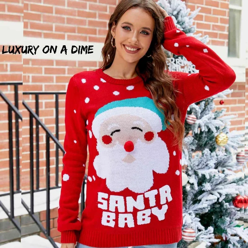 SANTA BABY Christmas Holiday Pom Pom Nose Long Sleeve Knit Sweater Anti-Pilling Anti-Shrink Durable