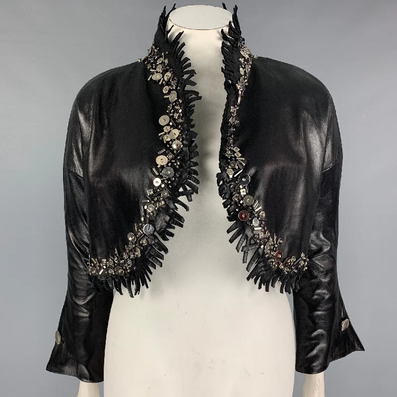 CLAUDE MONTANA Size 10 Black Leather Fringe Cropped Jacket Hooded Jacket Caped Jacket Shawl Collar Jacket CLAUDE MONTANA Size 10 Black Leather Fringe Cropped Jacket Hooded Jacket Caped Jacket Shawl Collar Jacket