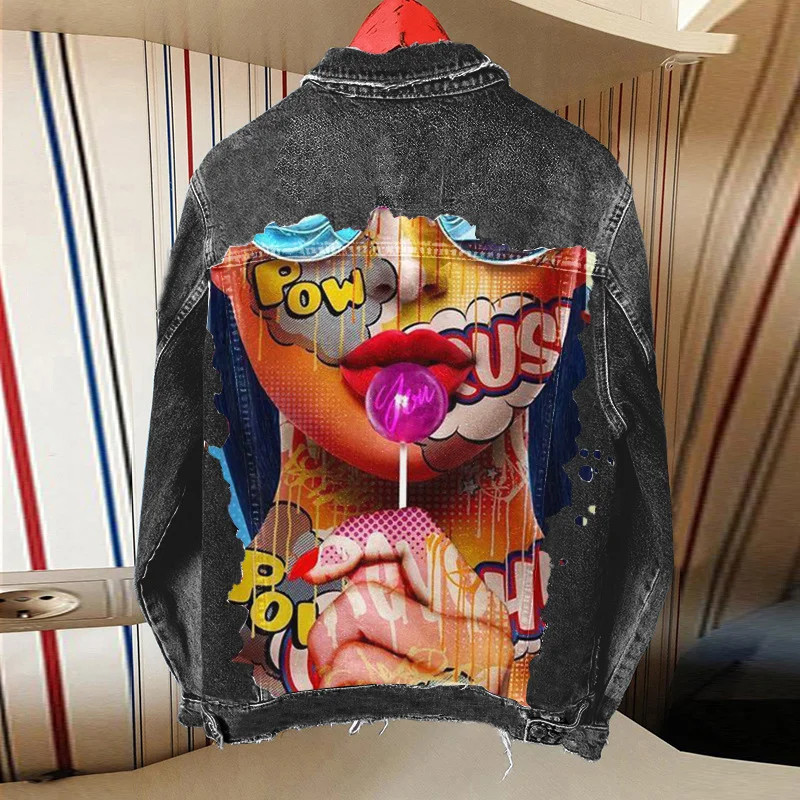 Women Casual Long Sleeves Graphic Printed Single-Breasted Denim Jacket Insulated Jacket Fitted Jacket Loose Jacket