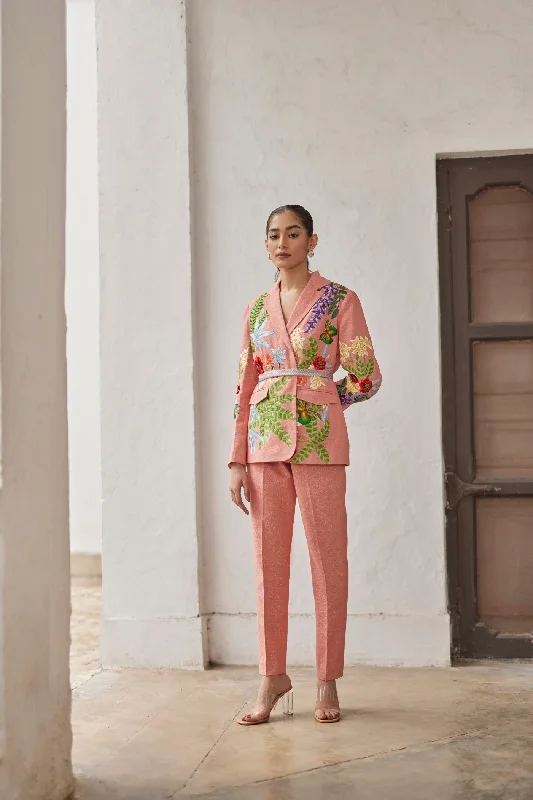 Peach Peony Embroidered Jacket And Narrow Pants Set Comfortable Maternity Pants