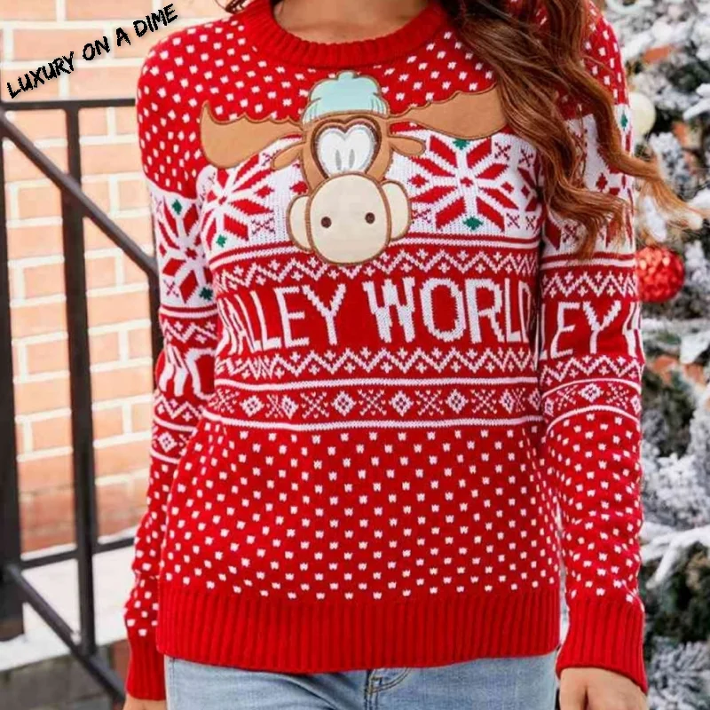 WALLY WORLD Knit Christmas Round Neck Embroidered Moose Sweater Seamless Knitted Crochet