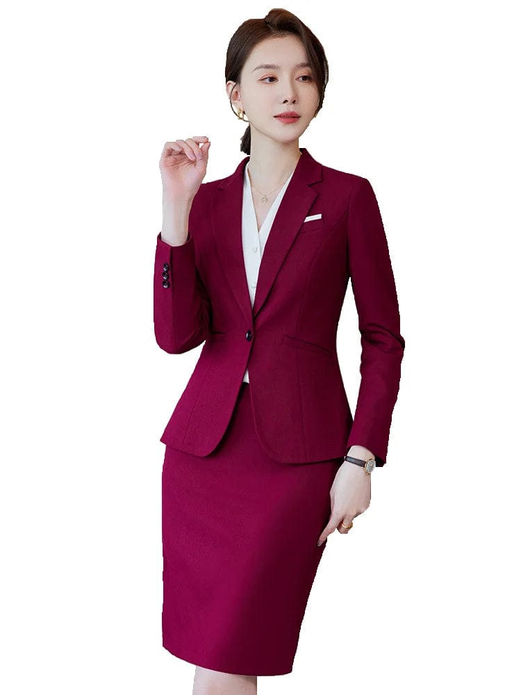 Novelty Wine Red Formal Women Business Suits with Skirt and Jackets Coat Ladies Office Professional Blazers Spring OL Styles Welt Pockets Slit Pockets Flap Pockets