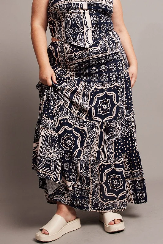 Blue Abstract Tiered Maxi Skirt denim skirt classic