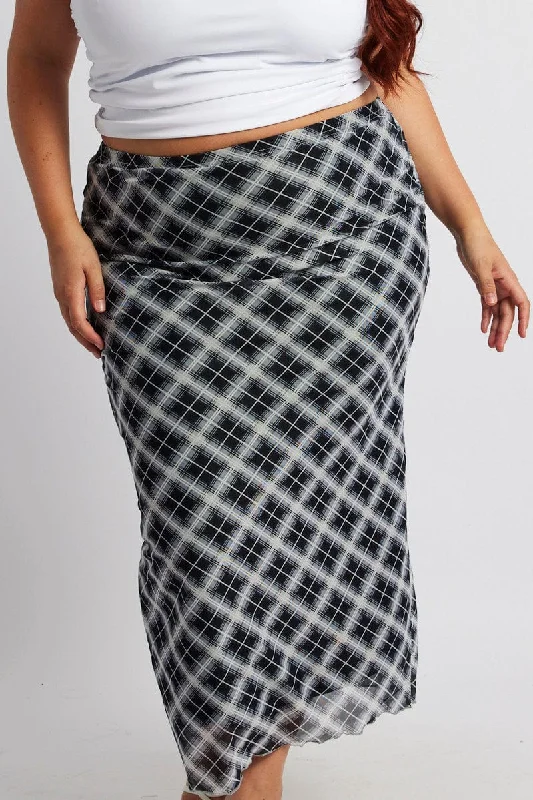 Black Check Plaid Mesh Bodycon Midi Skirt tulle skirt dreamy