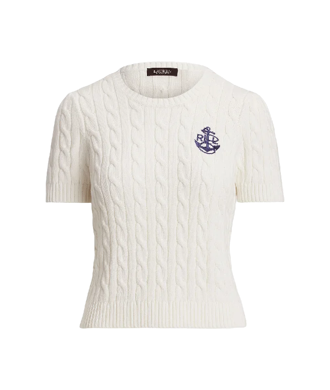 Cable-Knit Cotton Short-Sleeve Sweater - Cream Modern Contemporary Chic