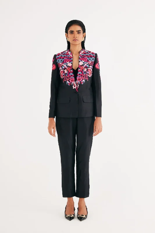 Black Silk Chanderi Floral Embroidered Jacket, Spaghetti Top and Narrow Pants Set Casual Yoga Pants