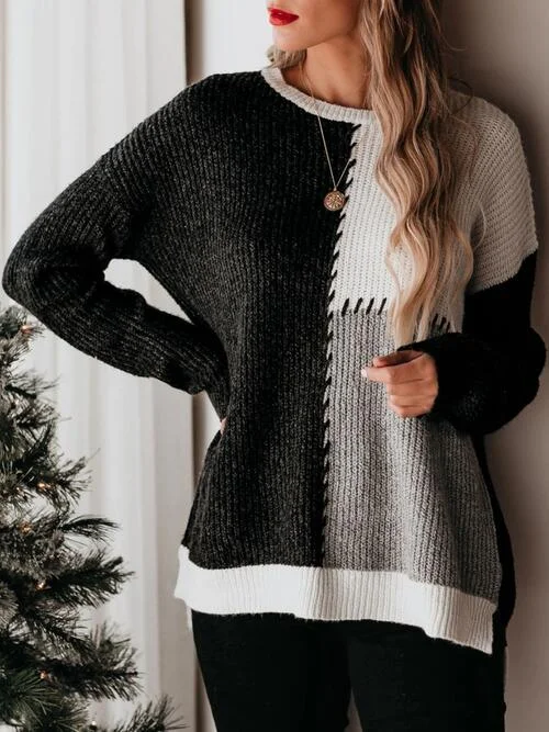 Color Block Round Neck Long Sleeve Sweater Cashmere Blend Cotton Blend Poly Blend