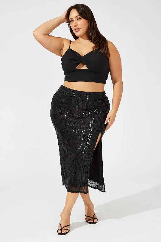 Black Long Sequin Split Skirt velvet skirt sumptuous