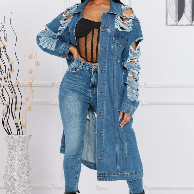 Women'S Fashion Ripped Long Sleeve Denim Jacket Quilted Jacket Puffer Jacket Insulated Jacket